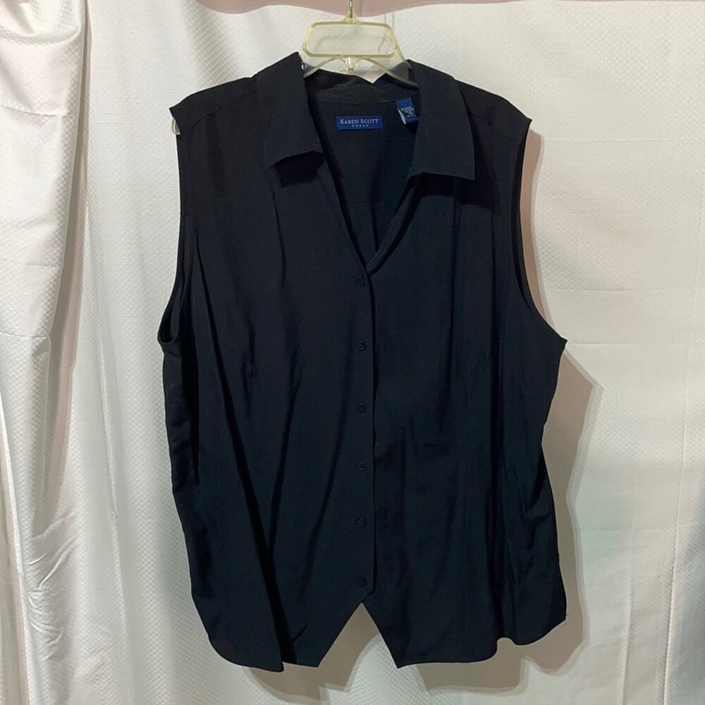Karen Scott 3x black sleeveless blouse button down pointed front slimming nwot
